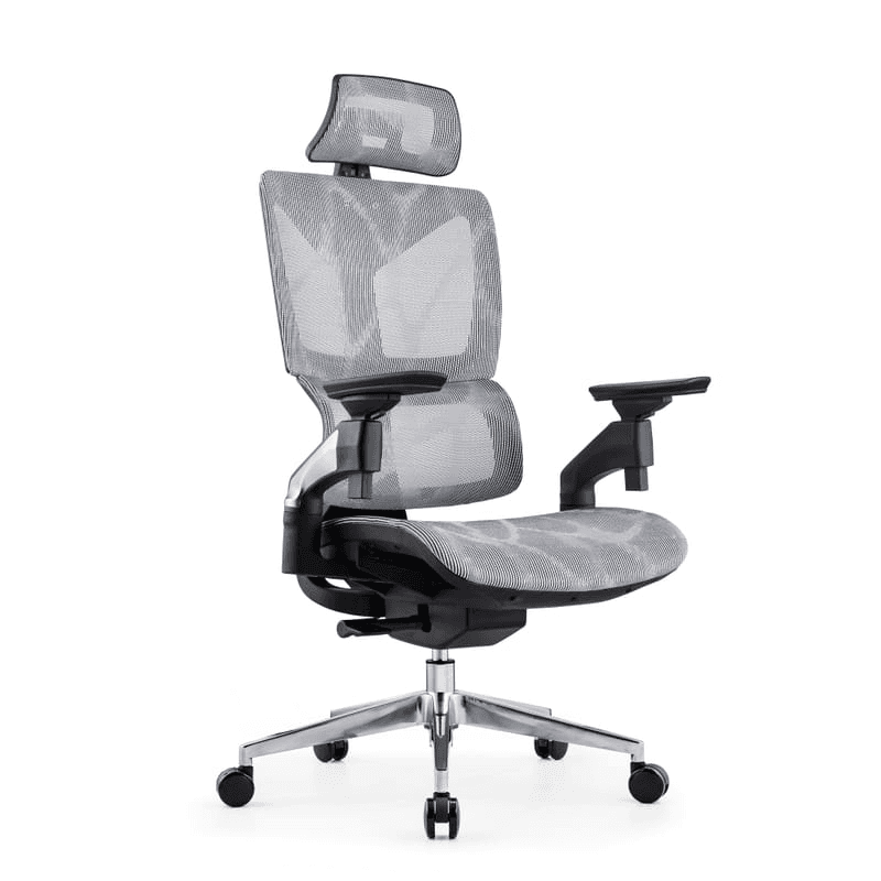 Una elegante silla de oficina ergonómica de malla completa con soporte lumbar dinámico. La silla se adapta a su espalda proporcionando un gran apoyo para su espalda.