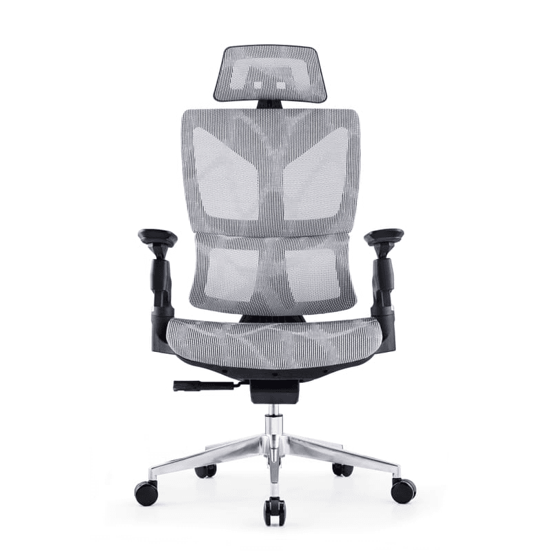 Una elegante silla de oficina ergonómica de malla completa con soporte lumbar dinámico. La silla se adapta a su espalda proporcionando un gran apoyo para su espalda.