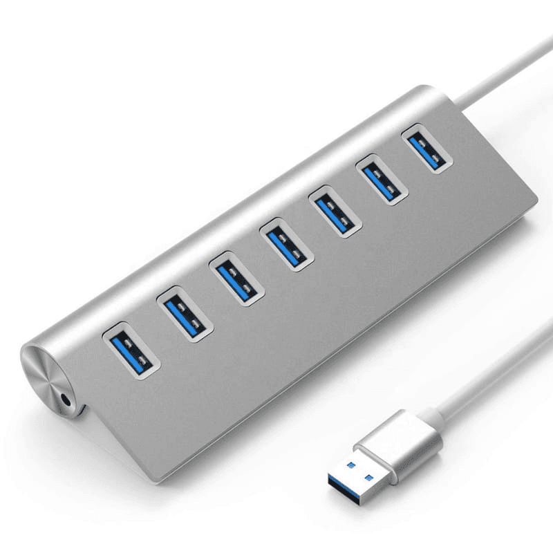 Un Hub para USB  de siete puertos USB 3.0 de alta velocidad.  Adicionalmente puedes conectarle un cargador 5V 4A (no incluido) si necesita más potencia para ciertos dispositivos.    
