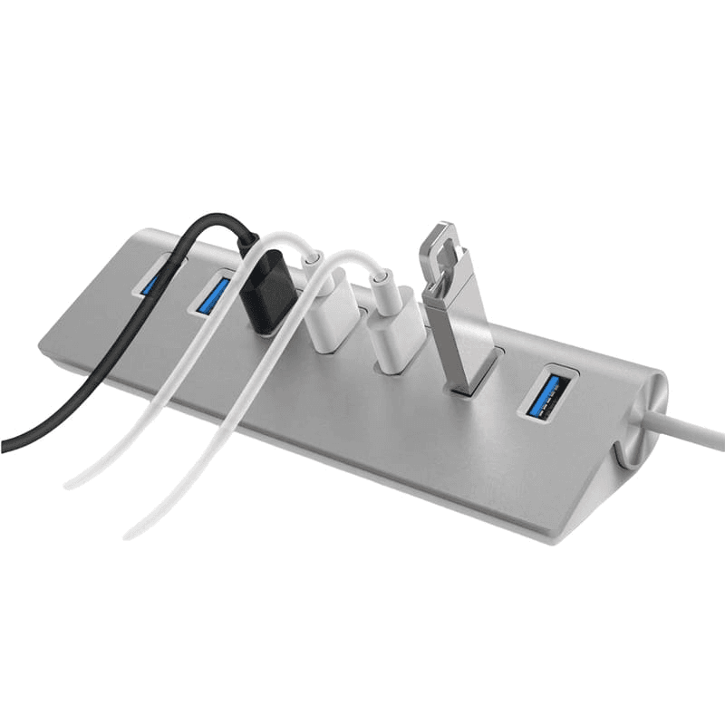 Un Hub para USB  de siete puertos USB 3.0 de alta velocidad.  Adicionalmente puedes conectarle un cargador 5V 4A (no incluido) si necesita más potencia para ciertos dispositivos.    