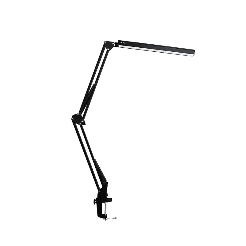 Funciona muy bien para cualquier configuración de espacio de trabajo. Tiene una fuente de luz de alta calidad para ayudar a proteger los ojos.  El brazo es largo y flexible para que puedas colocarlo en el ángulo ideal para que alumbre desde arriba.  