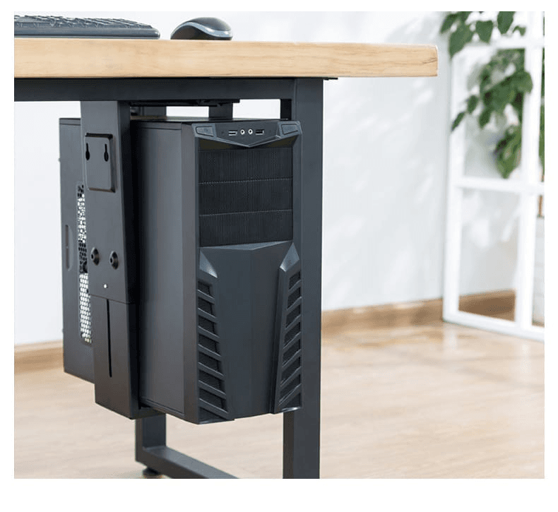 El soporte de PC te permite colocar la PC debajo del escritorio sujetado al sobre de la mesa.  Ideal para espacios de trabajos reducidos y para mantener el lugar de trabajo más organizado.  