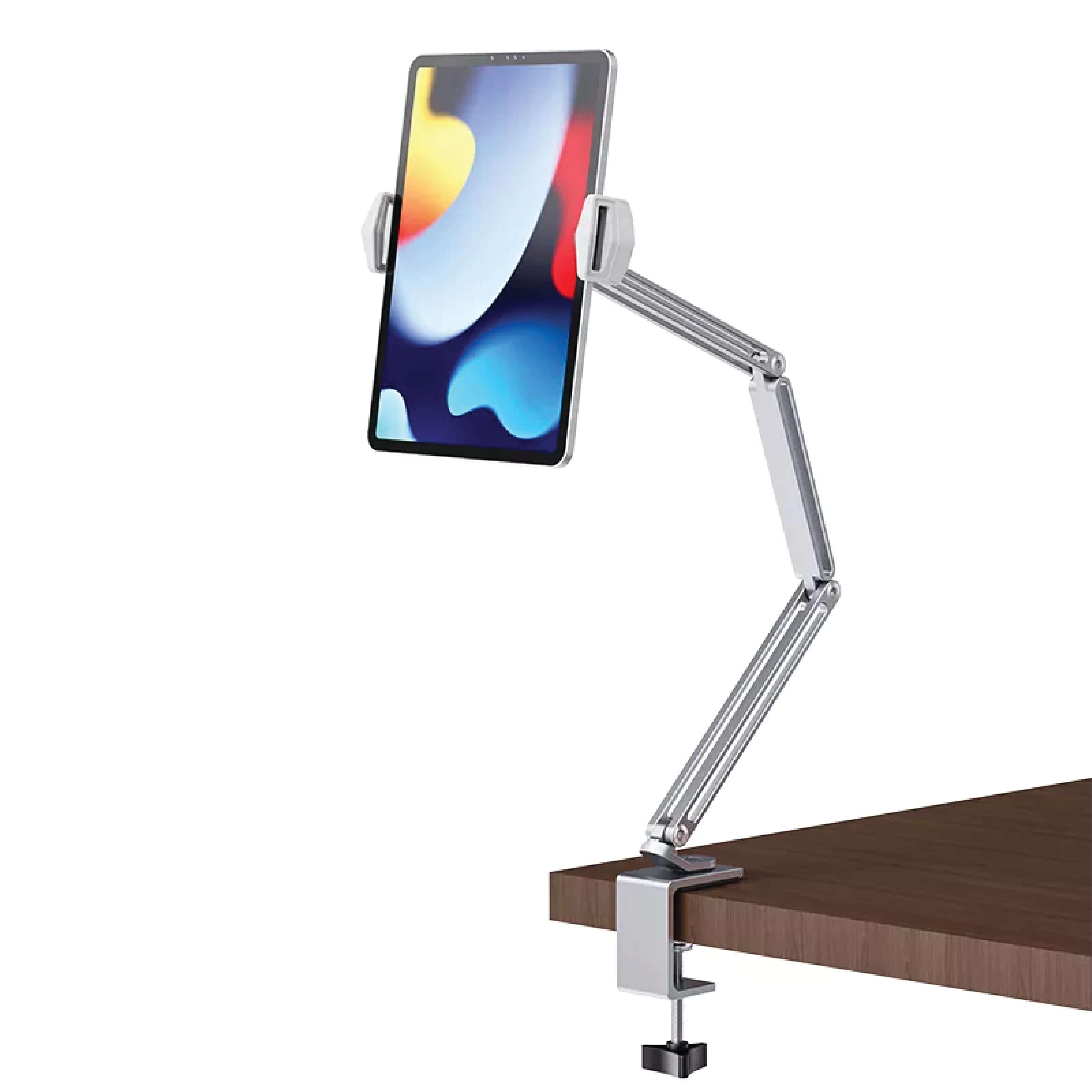 Brazo de aluminio ajustable para tablets o celulares.   Es altamente ajustable y puede rotar en 360 grados. Funciona con tSe adapta a cualquier sobre de mesa con su sistema de clamp on.  