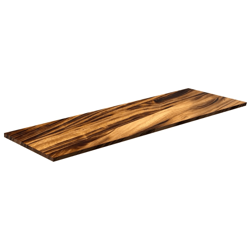 Sobre de mesa hecho de madera sólida Tigerwood, Goncalo Alves, de Panamá con un acabado semi-mate. Las vetas de esta madera son realmente increíbles. Transforma tu standing desk en una obra de arte única. Esta madera es dura, densa y muy duradera.