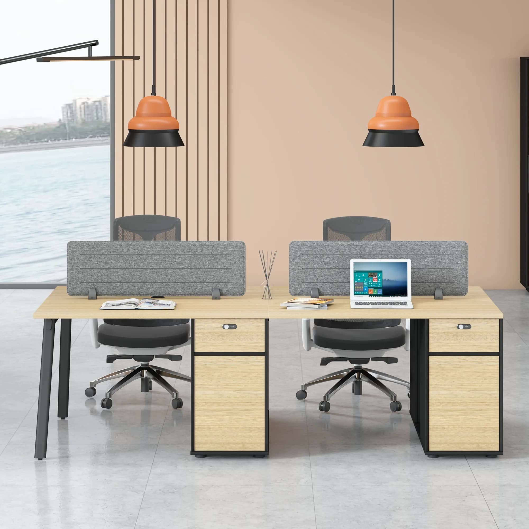 Estación de trabajo para 2 personas con gabinete Core - Negro y Coral — imagen 2